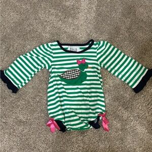 Green Striped Baby Romper with Duck Design